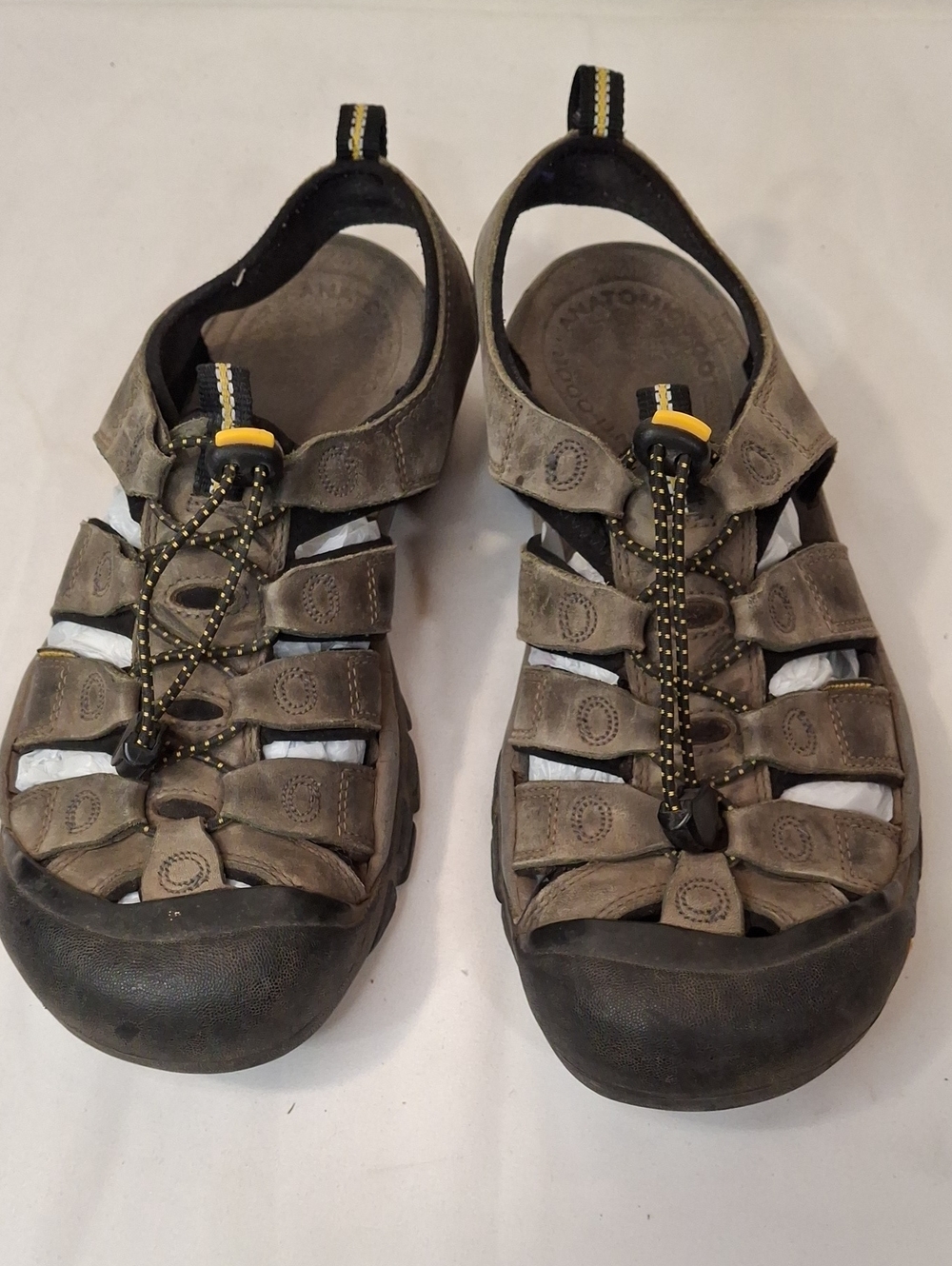 Keen Women's Gray Leather Closed‑Toe Outdoor Sandals with Yellow Accents.